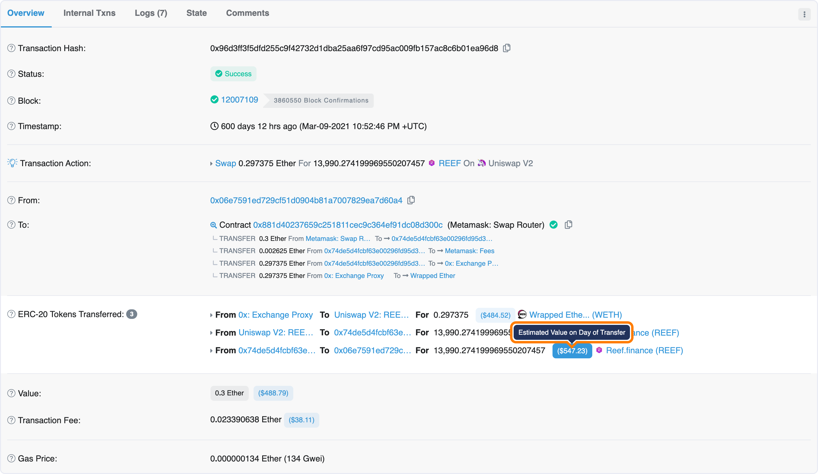 Etherscan price at time of swap
