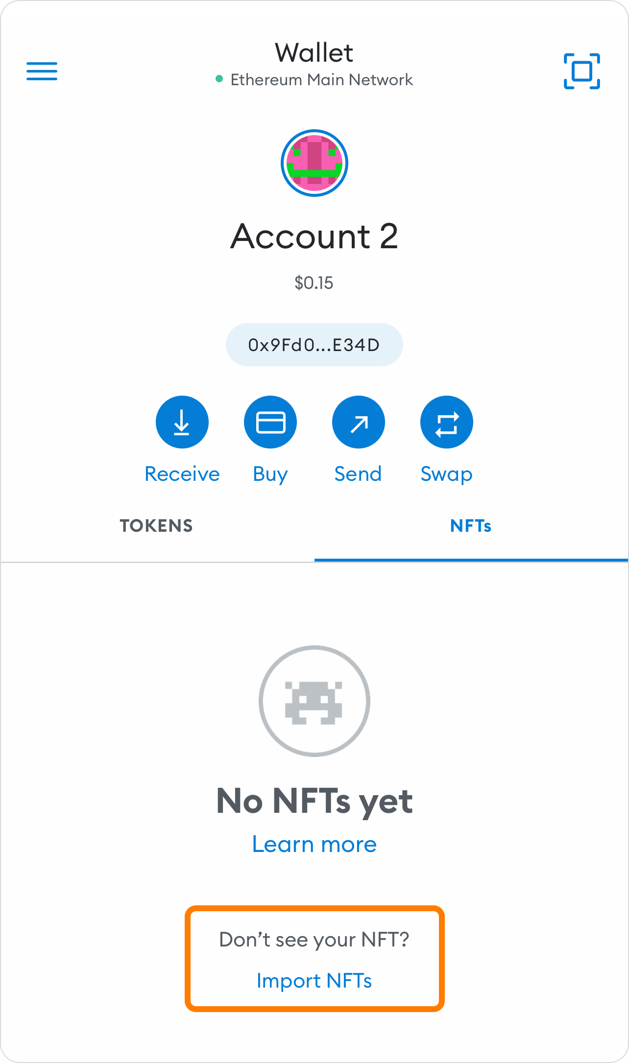 NFT tokens in your MetaMask Mobile import